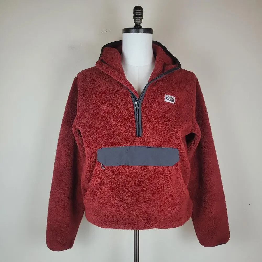 The North Face Jacket Medium Red Fleece Hooded Quarter Zip Anorak Campshire